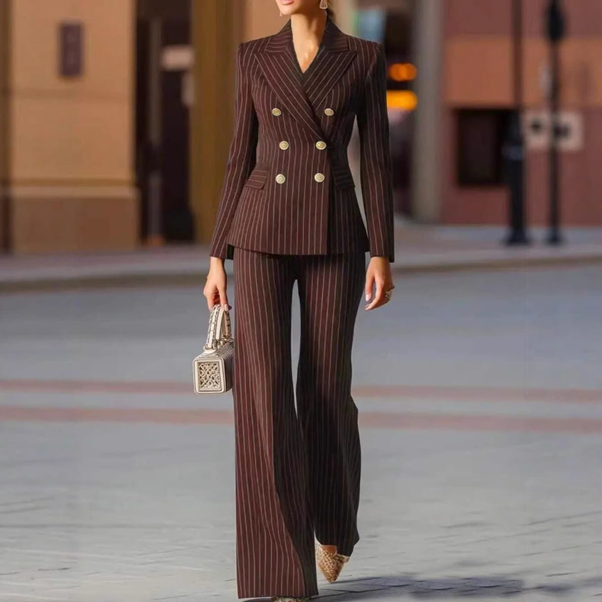 Women's Pinstripe Blazer Wide Leg Pant Suit Set