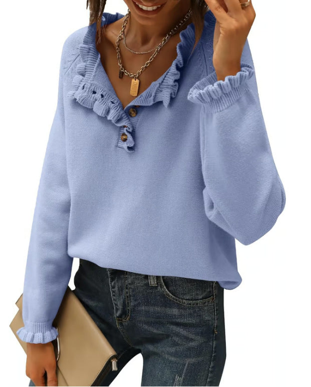 Women's Ruffle Button Knit Sweater Long Sleeve Tunic