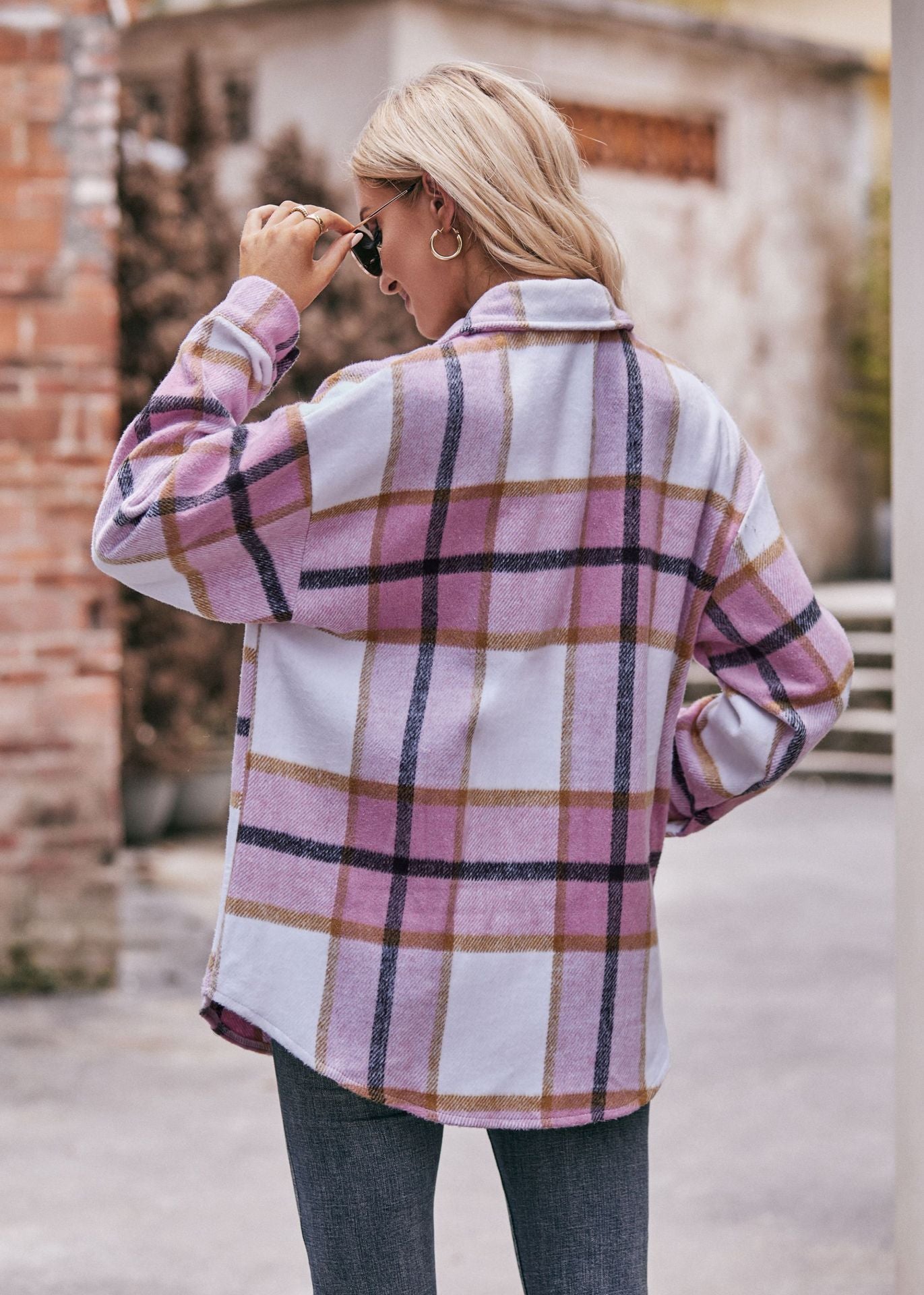 Plaid Flannel Shacket Button Front Pocket Oversized Jacket