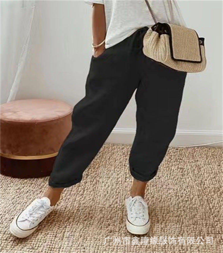 Women's Linen Blend Loose Fit Ankle Pants with Pockets