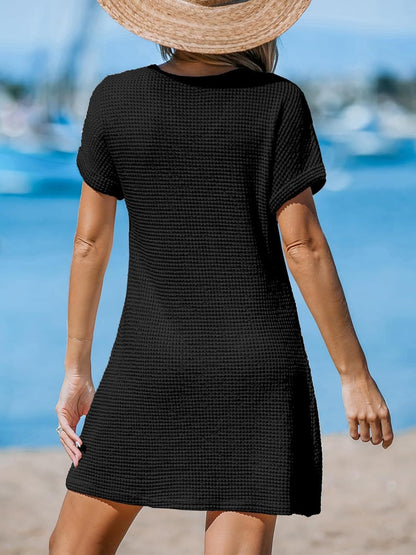 Waffle Knit V-Neck Short Sleeve Beach Cover Up Dress