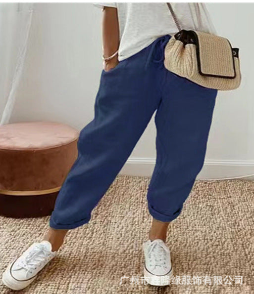 Women's Linen Blend Loose Fit Ankle Pants with Pockets