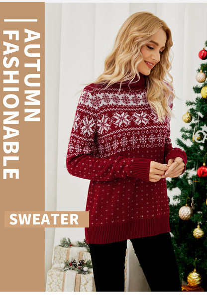 Red & Navy Snowflake Turtleneck Christmas Knit Sweater