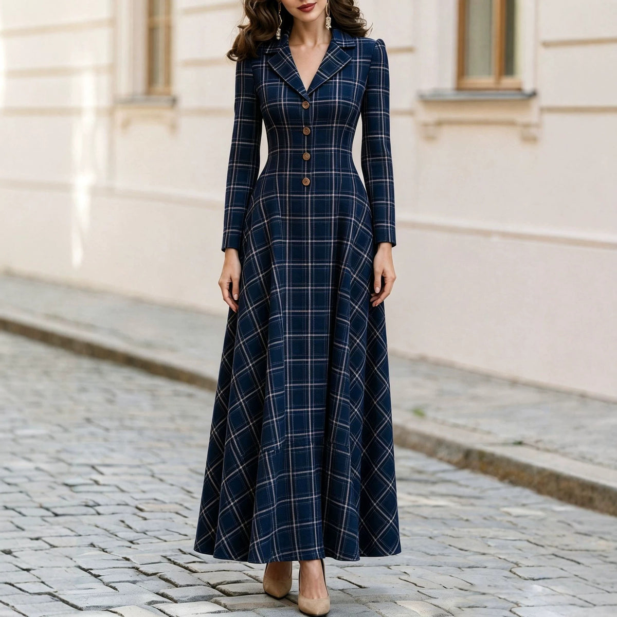 Elegant Plaid Blazer Dress Maxi Long Sleeve Button Front