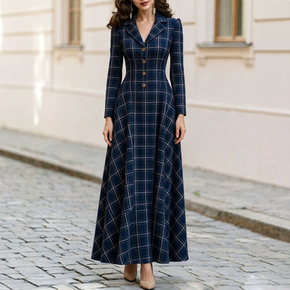 Elegant Plaid Blazer Dress Maxi Long Sleeve Button Front