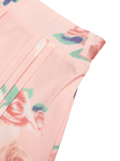 Pink Floral Two Piece Set Padded Shoulder Top Midi Skirt