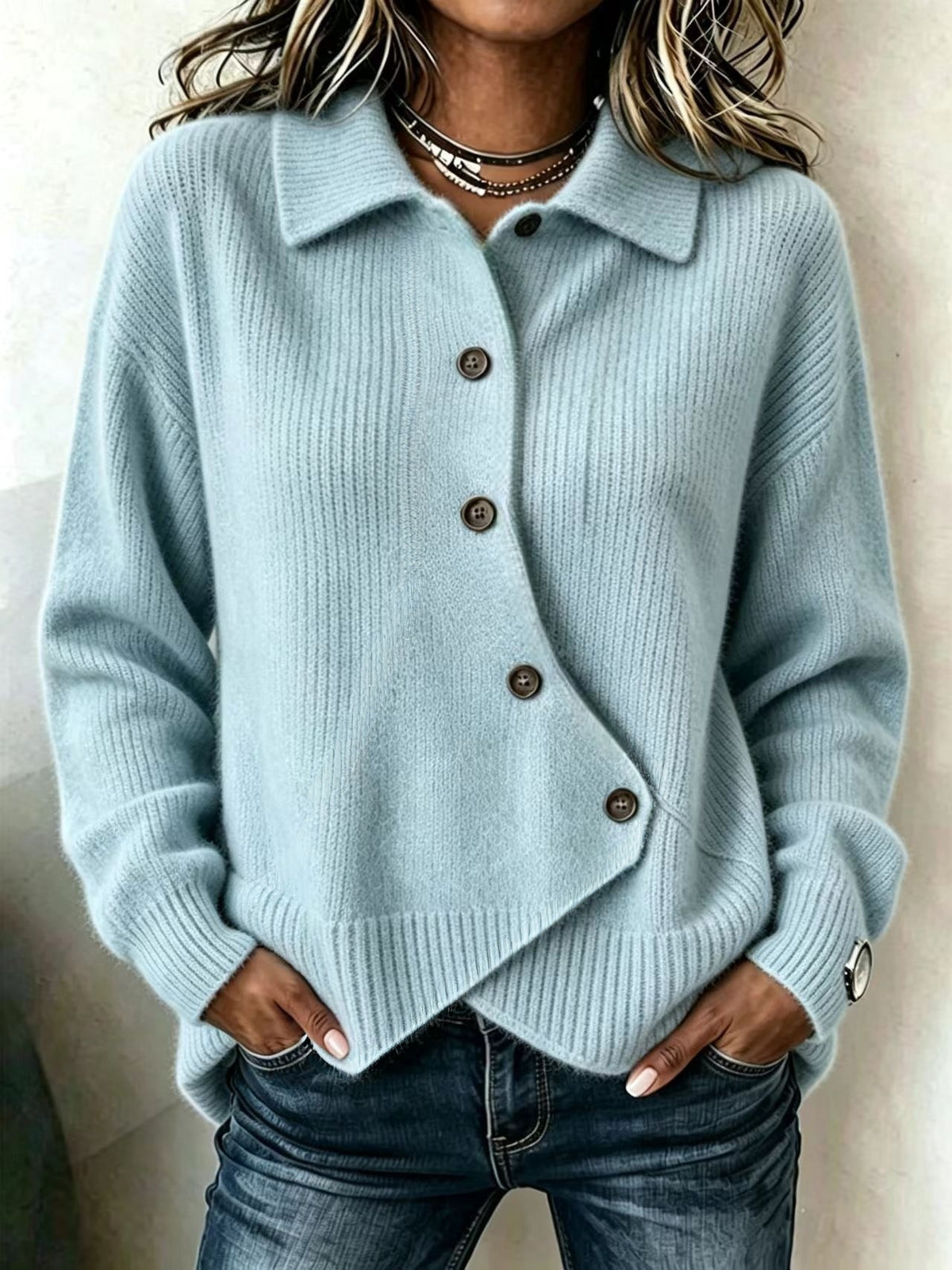Women's Oversized Collared Asymmetrical Knit Cardigan
