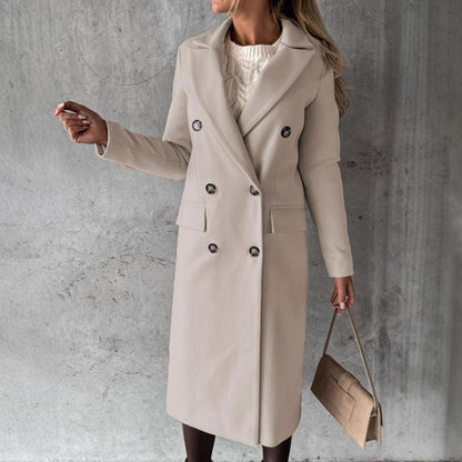 Women's Elegant Double Breasted Long Wool Overcoat