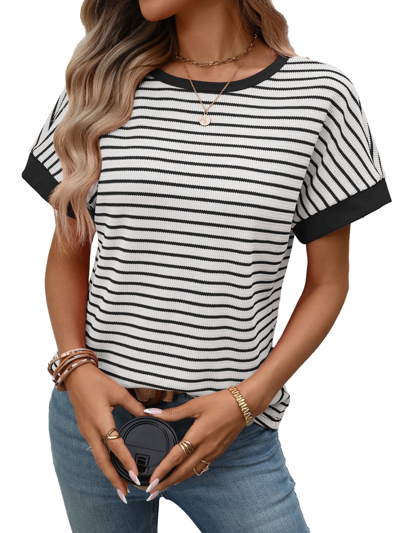 Striped Colorblock Short Sleeve Knit Tee for Women
