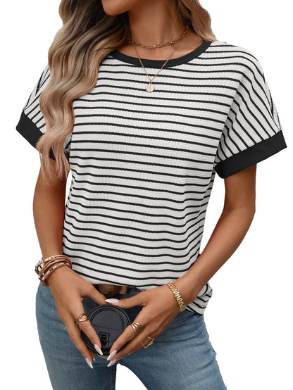 Striped Colorblock Short Sleeve Knit Tee for Women