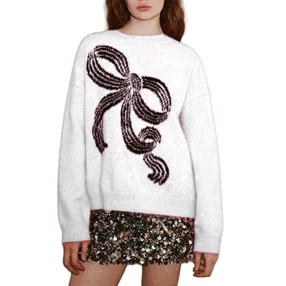 Oversized Bow Fuzzy Knit Crew Neck Sweater