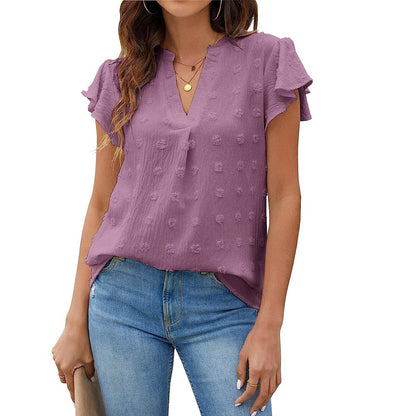 Women's V-Neck Pleated Sleeve Top with Pom Poms - Perfect for Summer