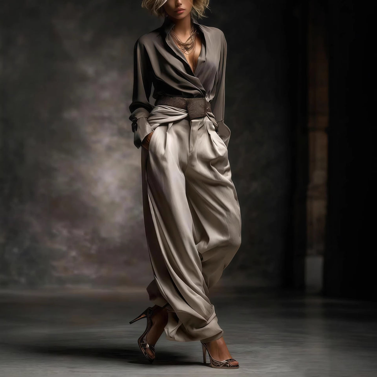Women's Satin Belted V Neck Wide Leg Pants Two Piece Set