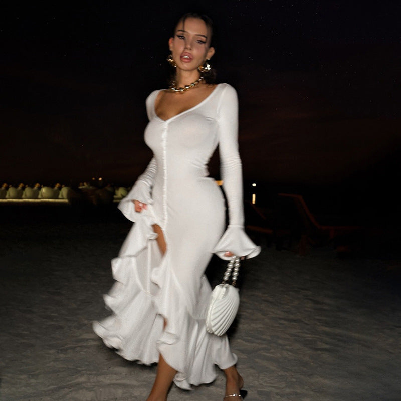 Sexy Bell Sleeve Bodycon Maxi Dress V Neck Side Slit