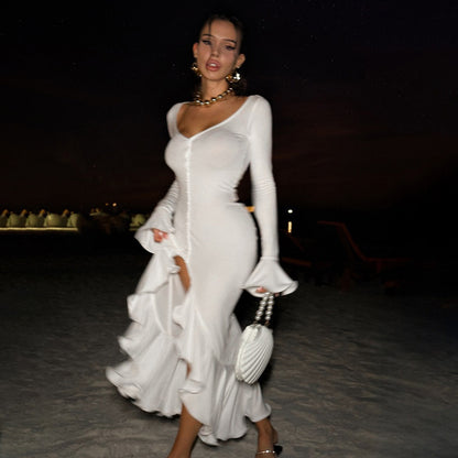 Sexy Bell Sleeve Bodycon Maxi Dress V Neck Side Slit