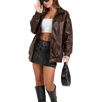 Women's Oversized Faux Leather Jacket Zip Up Collared