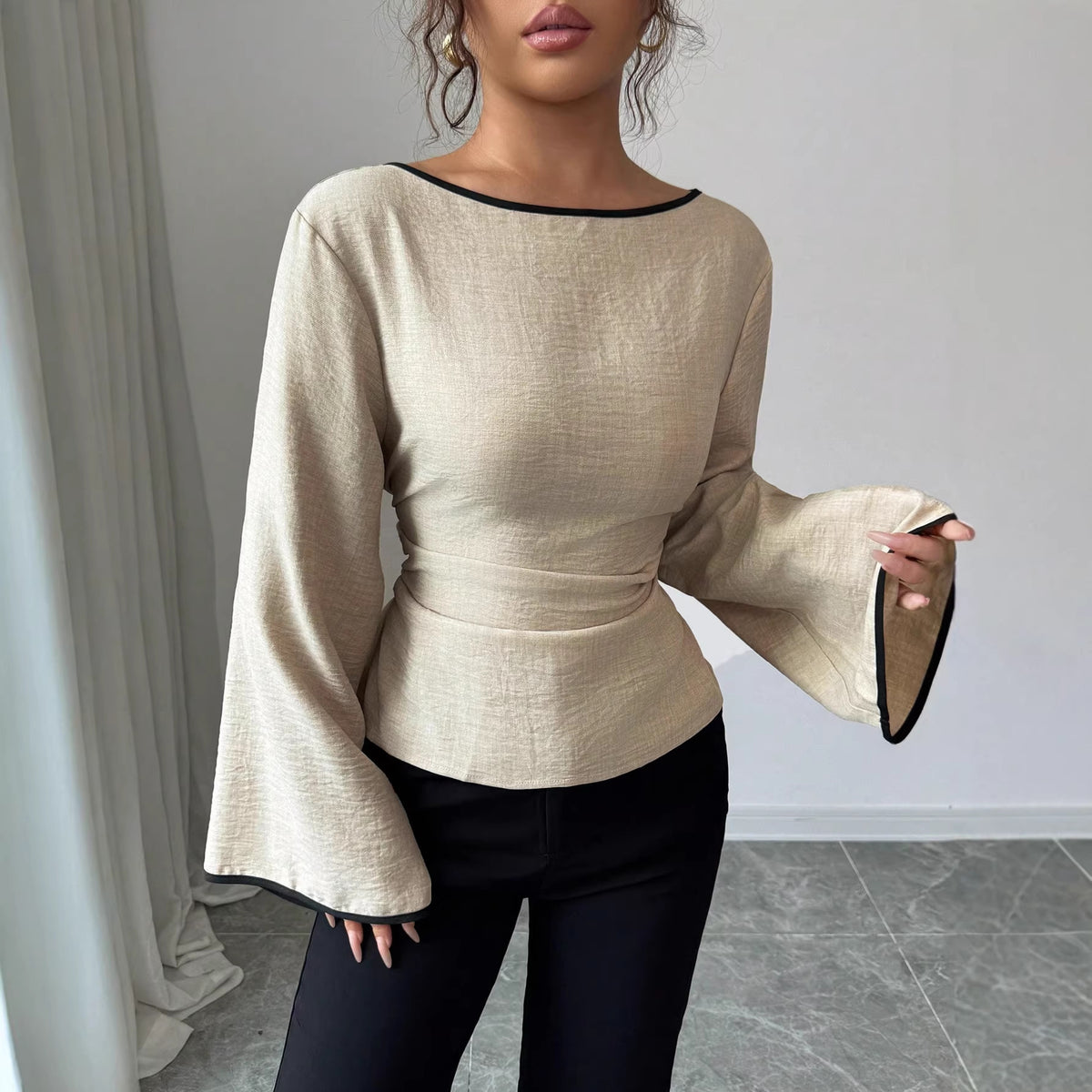 Women's Elegant Boat Neck Bell Sleeve Cinched Waist Blouse