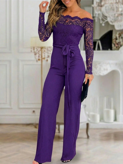 Women's Off Shoulder Lace Long Sleeve Wide Leg Jumpsuit