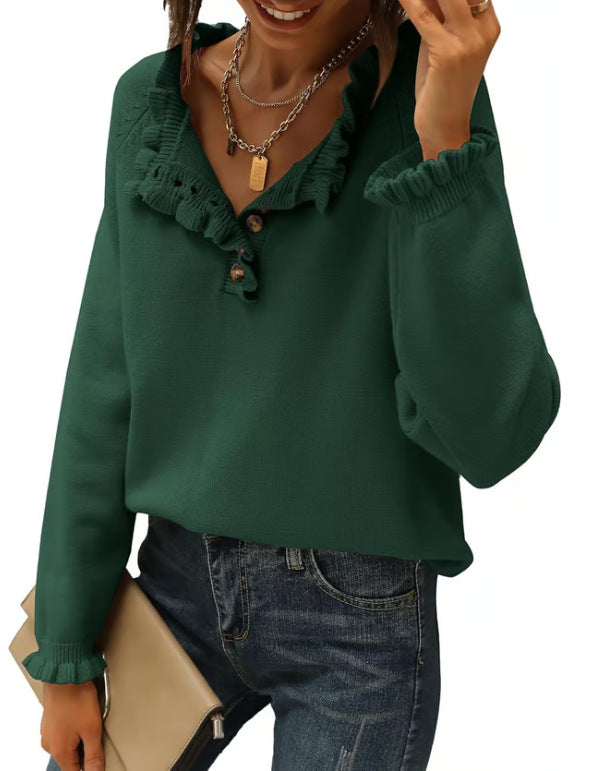 Women's Ruffle Button Knit Sweater Long Sleeve Tunic