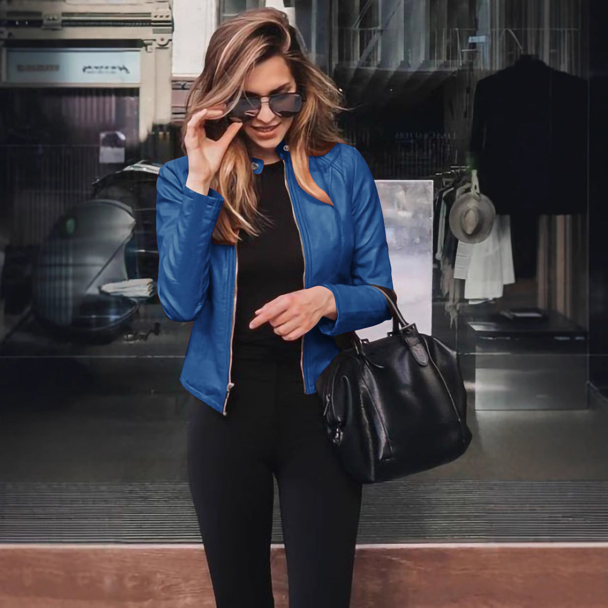 Women's Faux Leather Blazer Jacket Zip Up Slim Fit