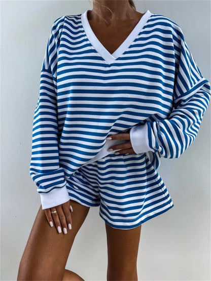 Striped V Neck Shorts Set Resort Lounge Two Piece
