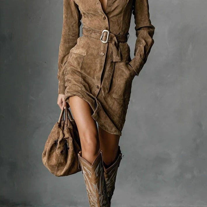 Faux Suede Western Belted Mini Shirt Dress