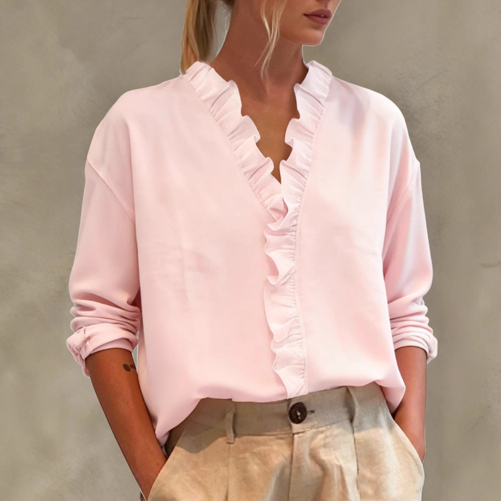 Women's Ruffled V-Neck Long Sleeve Loose Casual Blouse Top