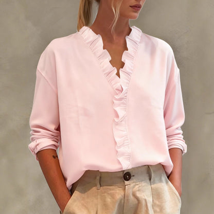 Women's Ruffled V-Neck Long Sleeve Loose Casual Blouse Top