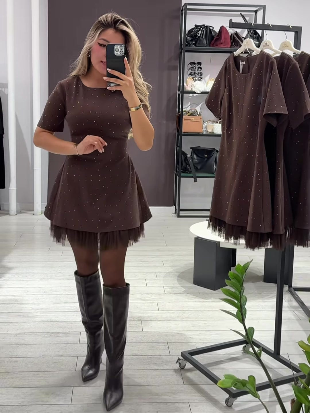 Rhinestone Lace Trim Short Sleeve A-Line Mini Dress
