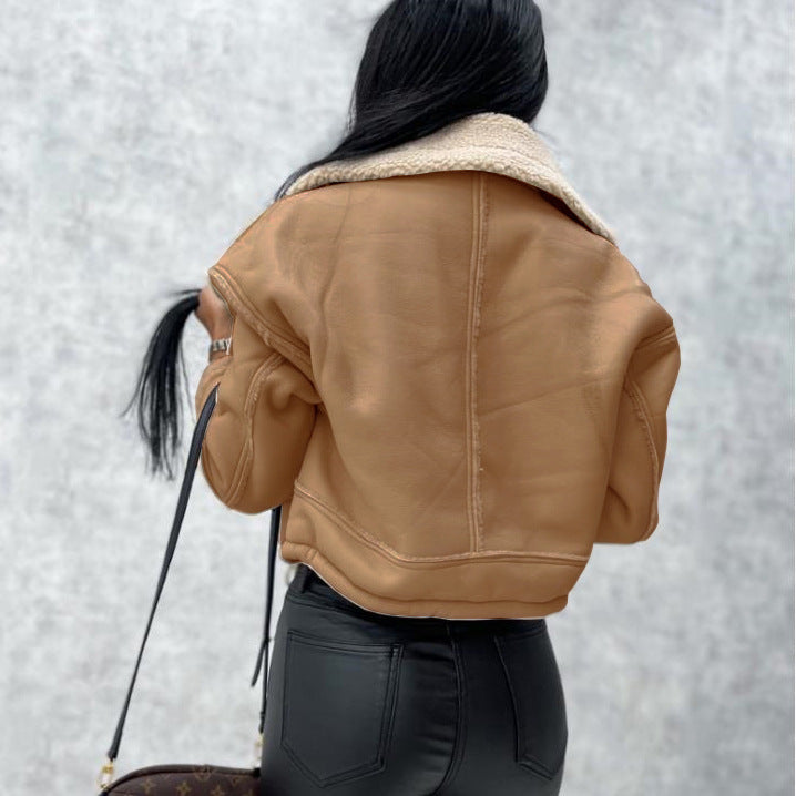 Womens Faux Leather Sherpa Cropped Moto Jacket