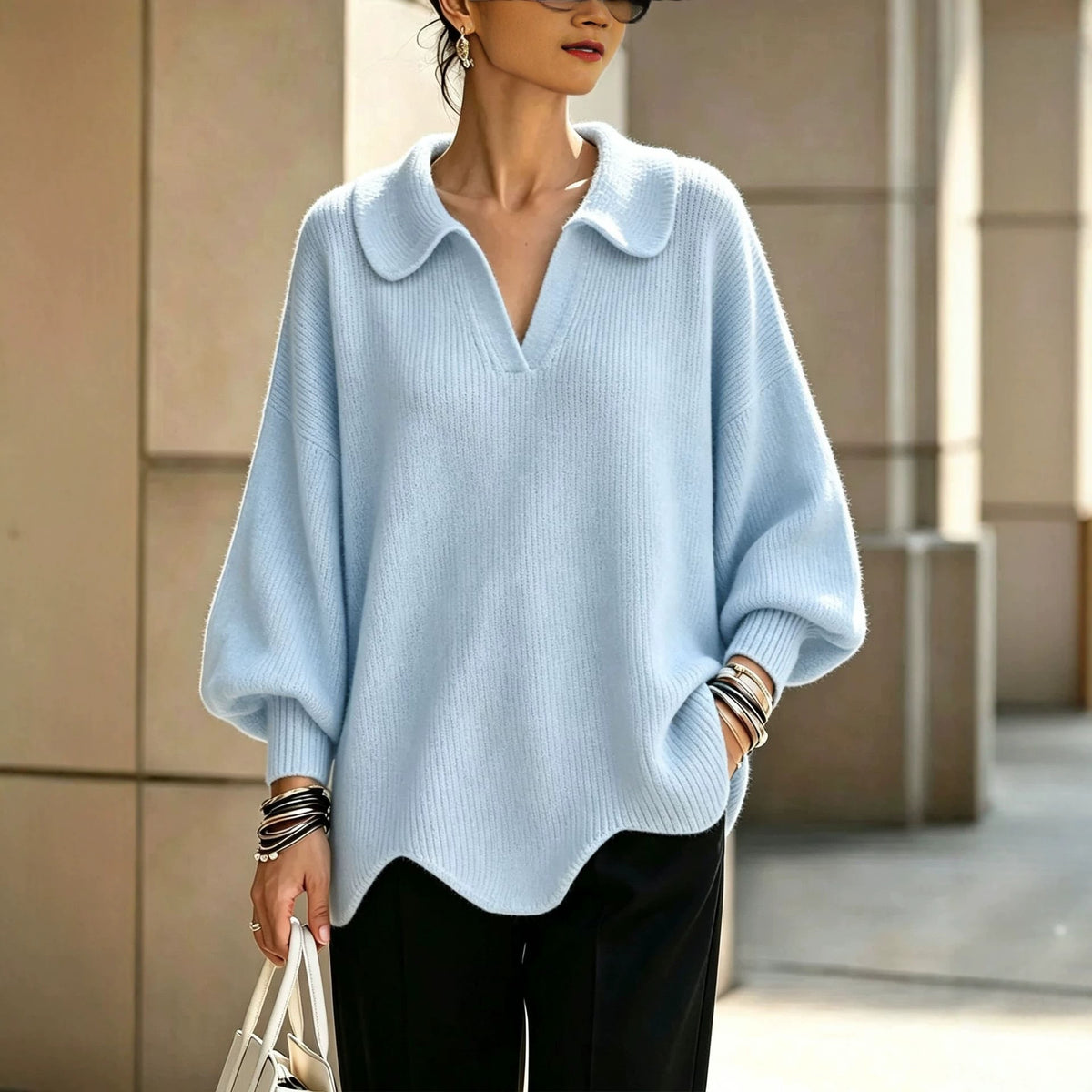Women's Oversized Collared V-Neck Balloon Sleeve Sweater