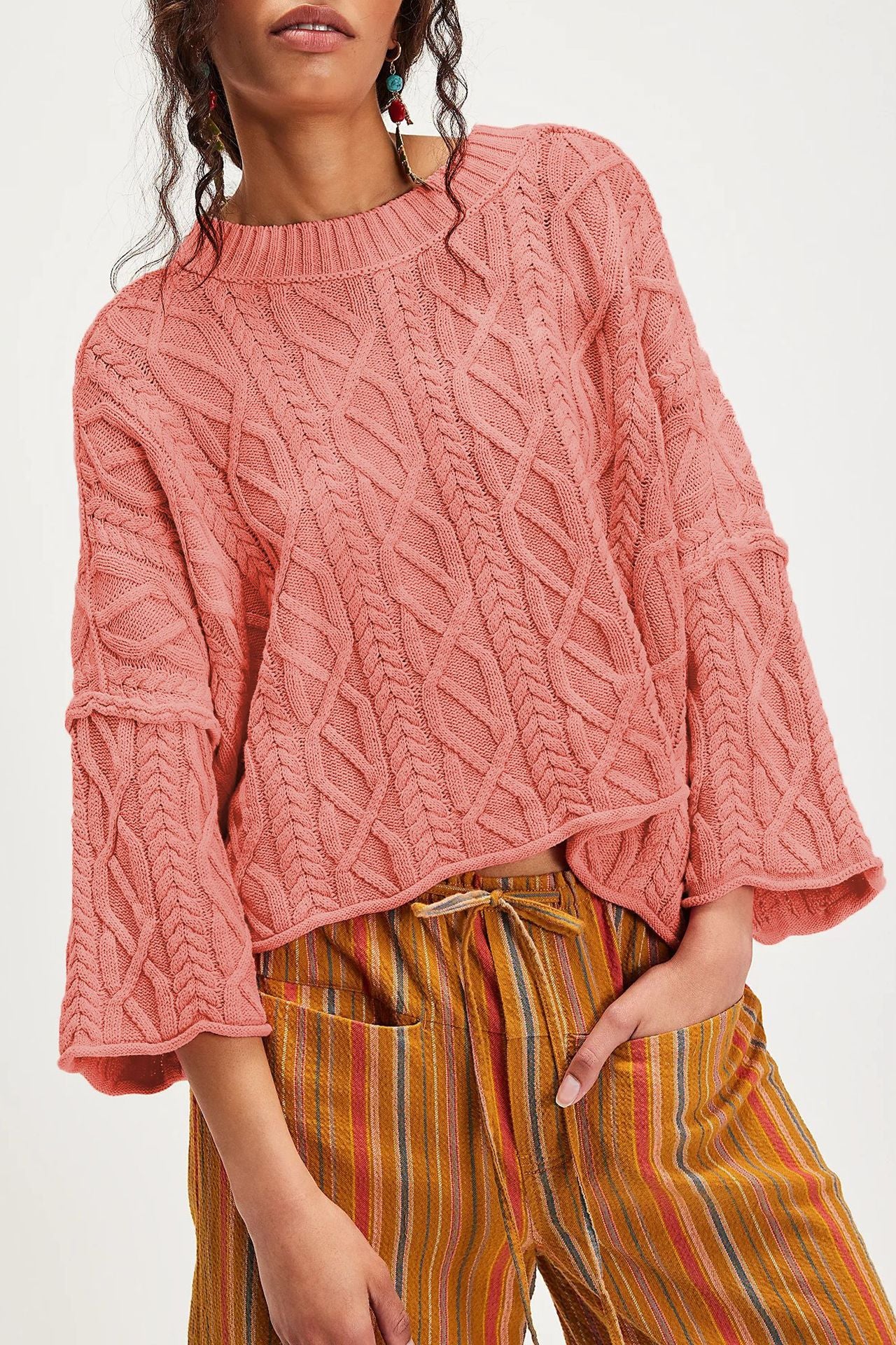 Chunky Cable Knit Crop Sweater–Loose Boho Crewneck Pullover
