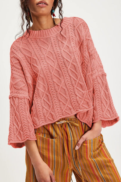 Chunky Cable Knit Crop Sweater–Loose Boho Crewneck Pullover