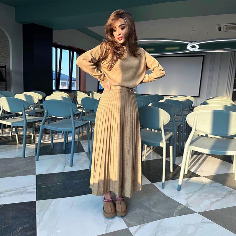 Women's Two Piece Pleated Maxi Skirt Set Long Sleeve