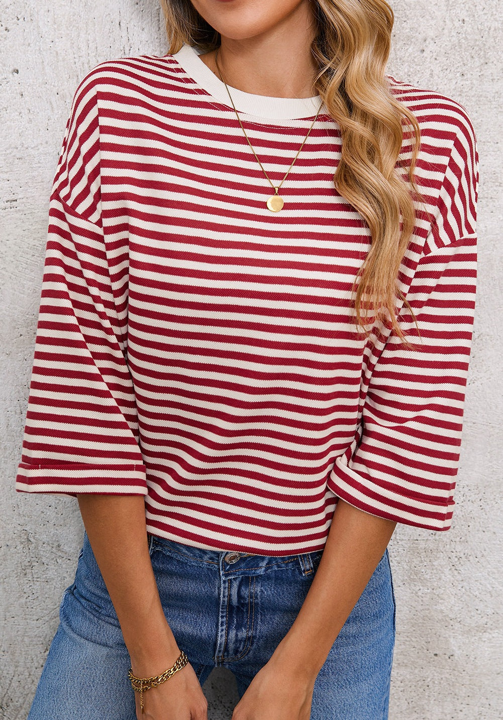 Blue Striped Knit Back Bow Open Back Top Women