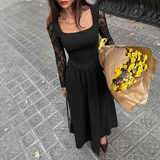 Black Lace Sleeve Square Neck Midi Dress Elegant Fit