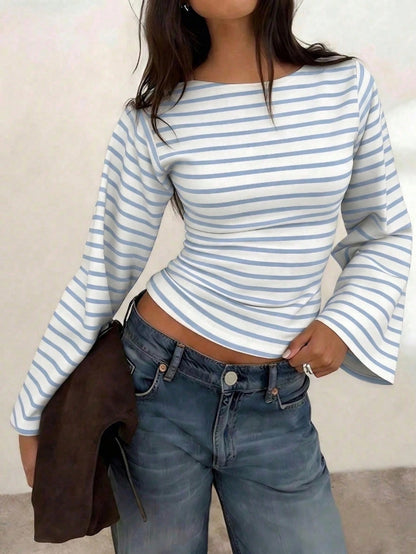 Striped Knit Crop Top Bell Sleeve Y2K Slim Fit
