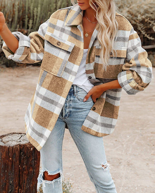 Women’s Plaid Flannel Shacket Oversized Button Jacket