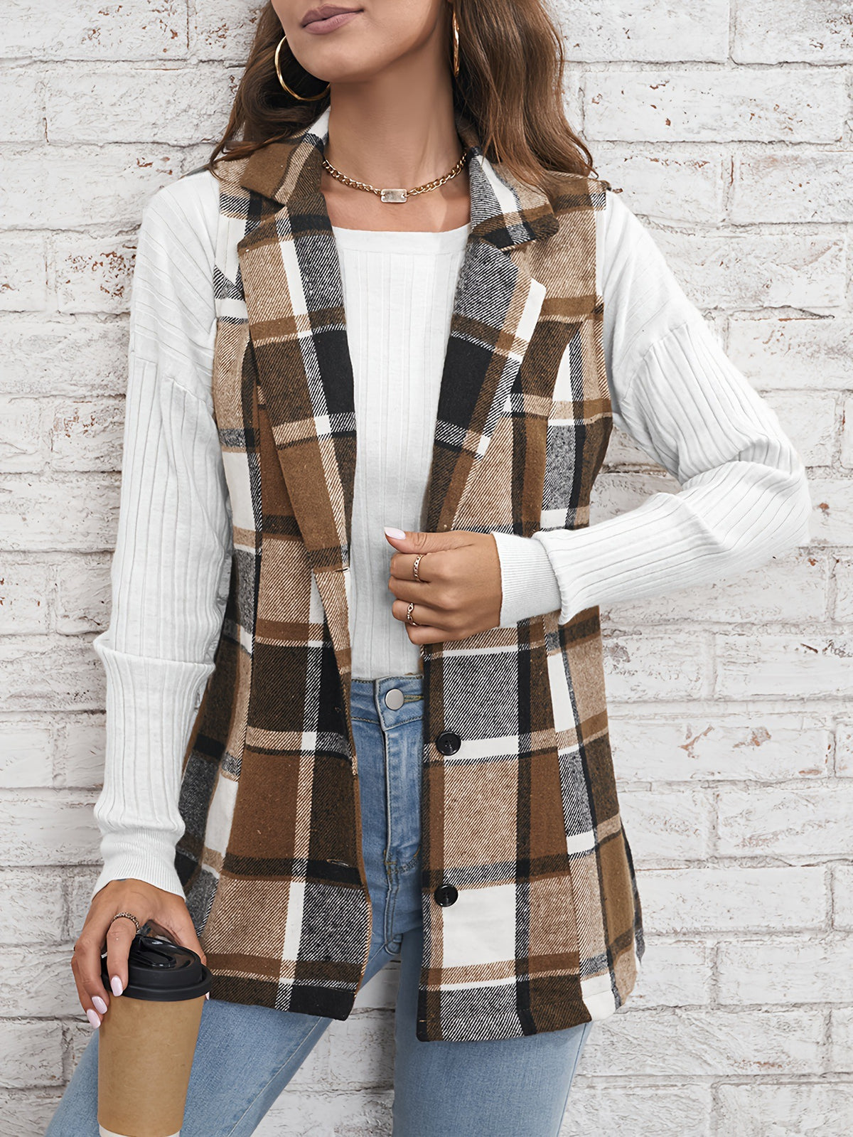 Women's Plaid Lapel Blazer Vest Button Front