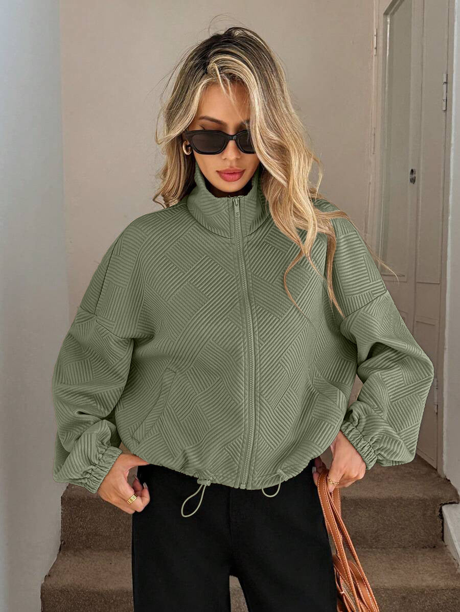Textured Zip Up Bomber Jacket Drawstring Hem Casual Coat