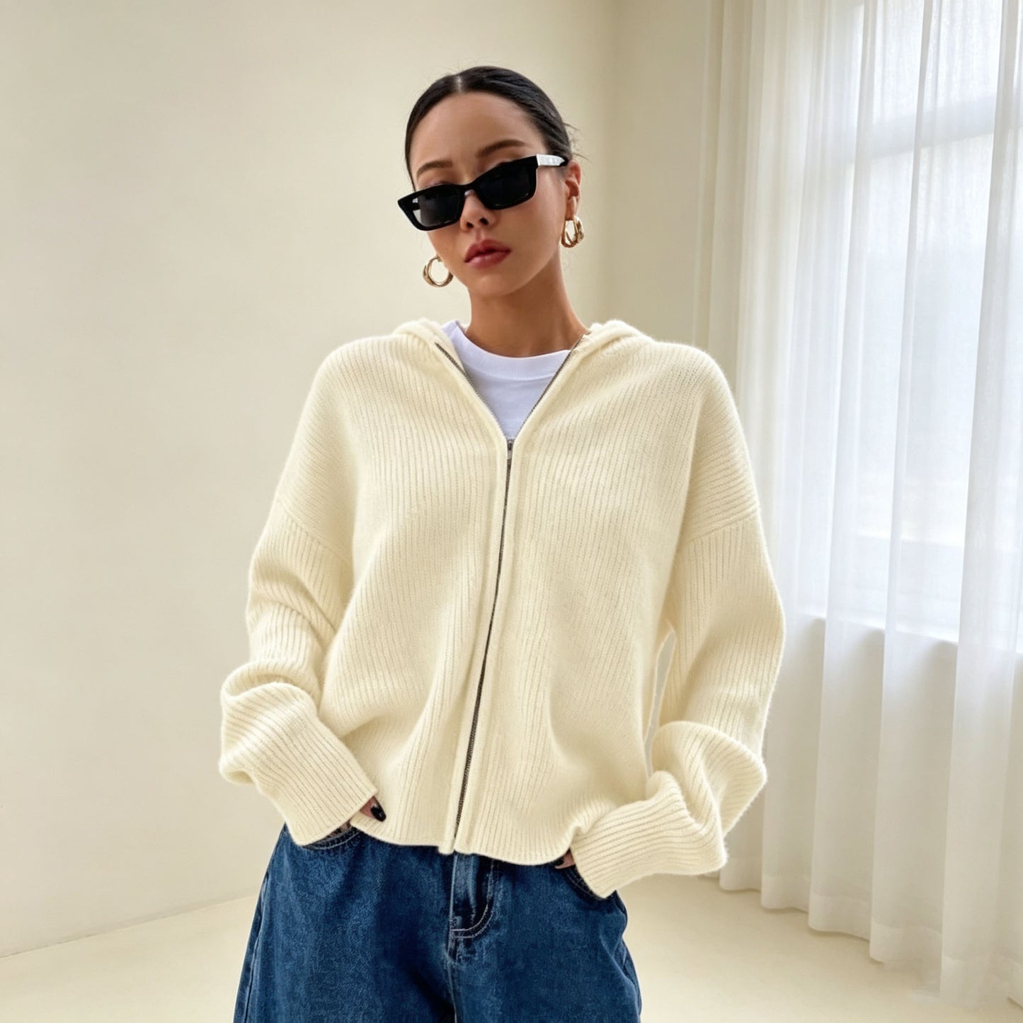 Women's Hooded Ribbed Zip Up Cardigan Sweater
