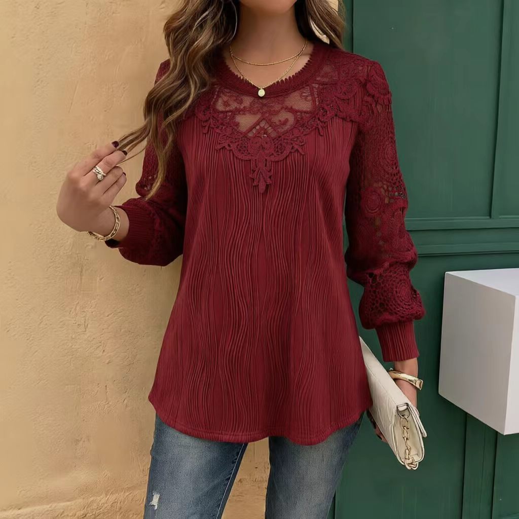 Women's Lace Trim Ribbed Long Sleeve Tunic Top