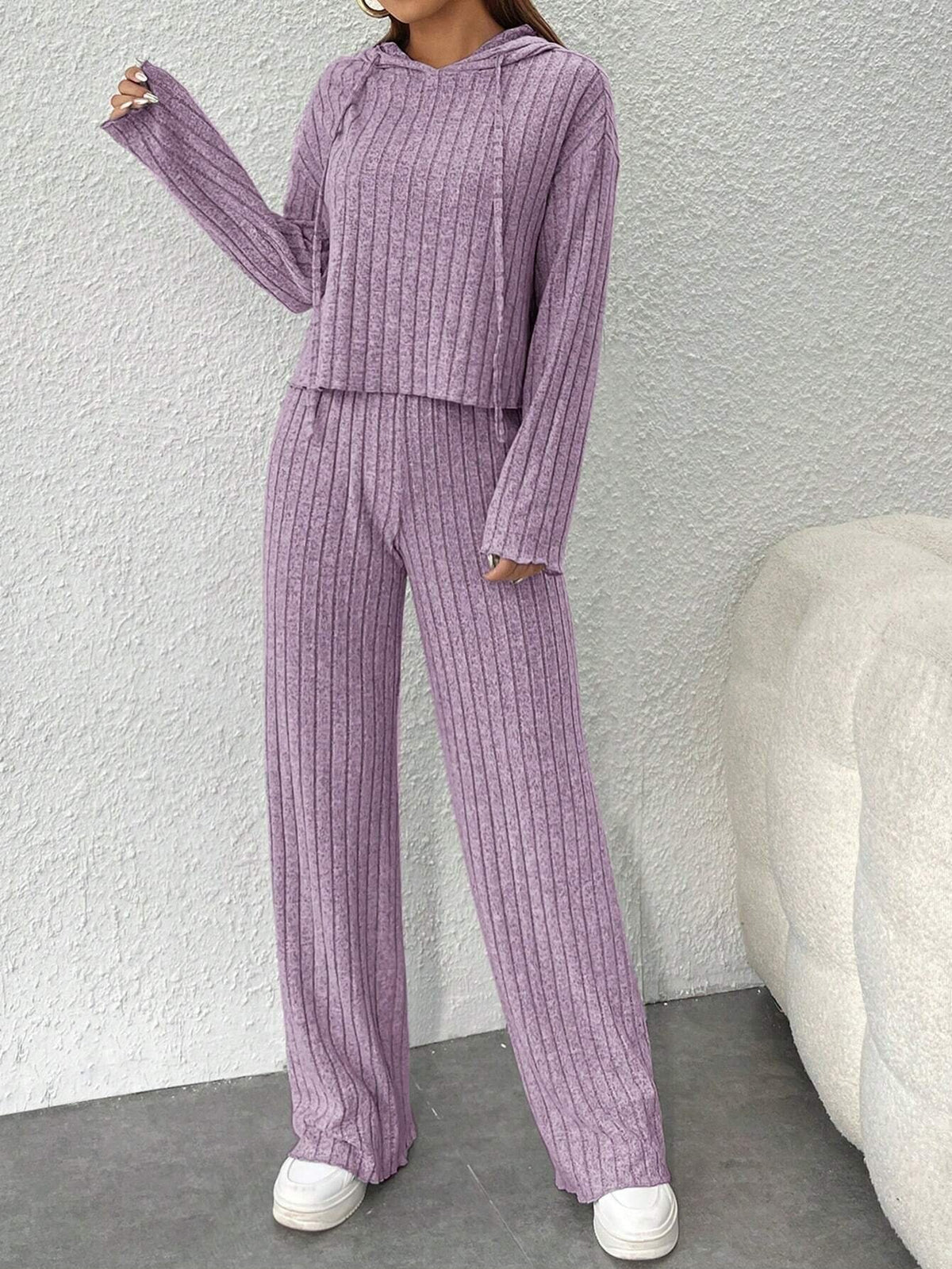 Women's Ribbed Knit Hoodie & Pants Two Piece Set