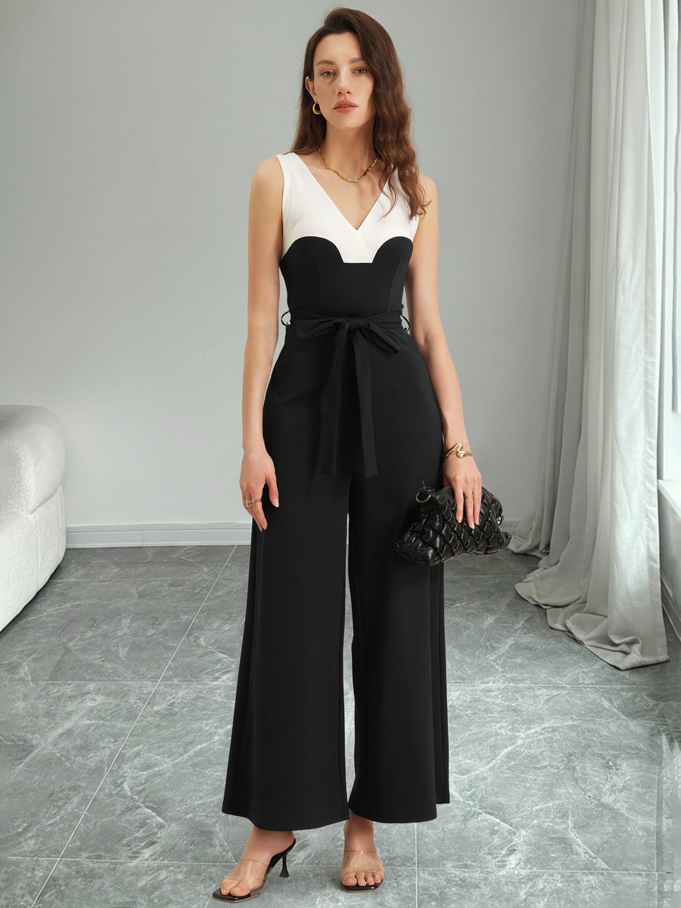 Sleeveless Color Block Jumpsuit Tie Waist Wide Leg