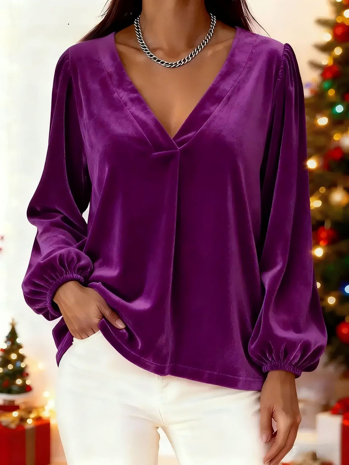 Women's Velvet V-Neck Balloon Sleeve Blouse