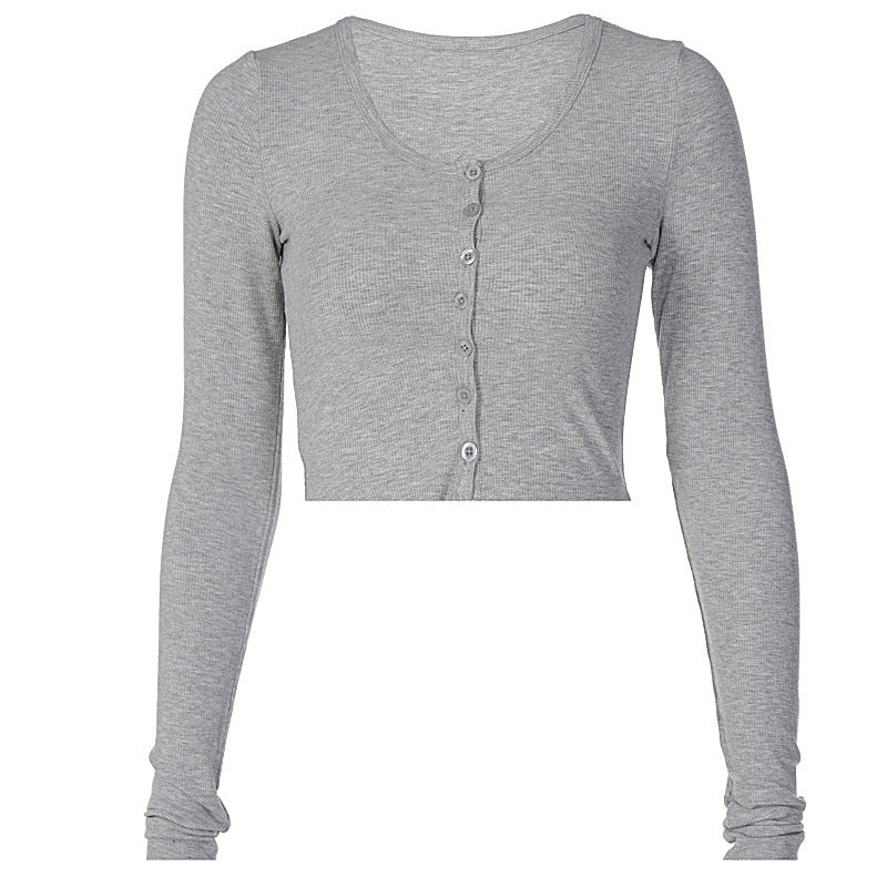 Women's Ribbed Button Front Crop Top Long Sleeve Fitted