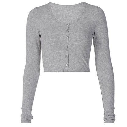 Women's Ribbed Button Front Crop Top Long Sleeve Fitted