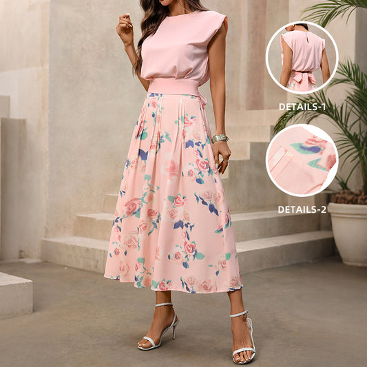 Pink Floral Two Piece Set Padded Shoulder Top Midi Skirt