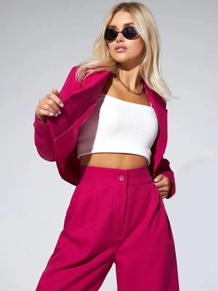 Women's Cropped Blazer Wide Leg Pants 2 Piece Set