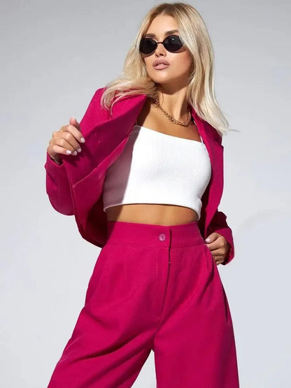 Women's Cropped Blazer Wide Leg Pants 2 Piece Set